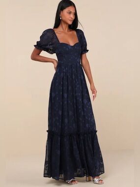 NWT Lulus Navy Puff-Sleeve Embroidered Floral Maxi Dress Small